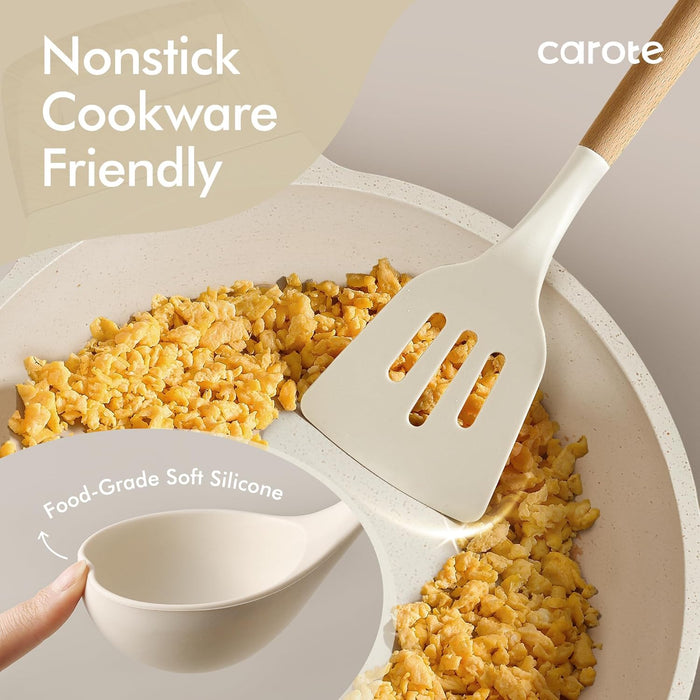 22-Piece Cooking Utensils Set with Wood Cool-Touch Handles, Cream