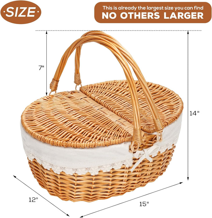 Wicker Picnic Basket with Liner, Empty Picnic Baskets with Lid, Cream