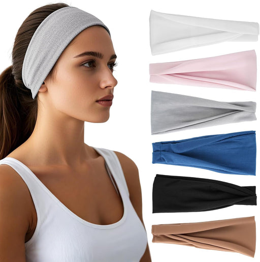 Headbands for Women - 6 Pack Wide Elastic Hair Bands | Stretchy Sweatbands Hair Bands | Soft Sports Thin Head Bands | No