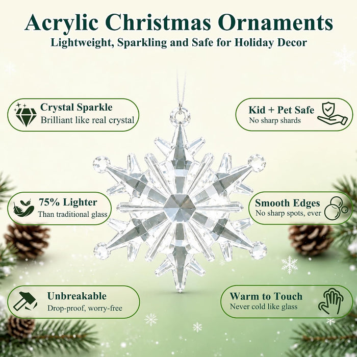 Crystal Christmas Tree Ornaments, Clear Acrylic Snowflake & Icicle, 18pcs