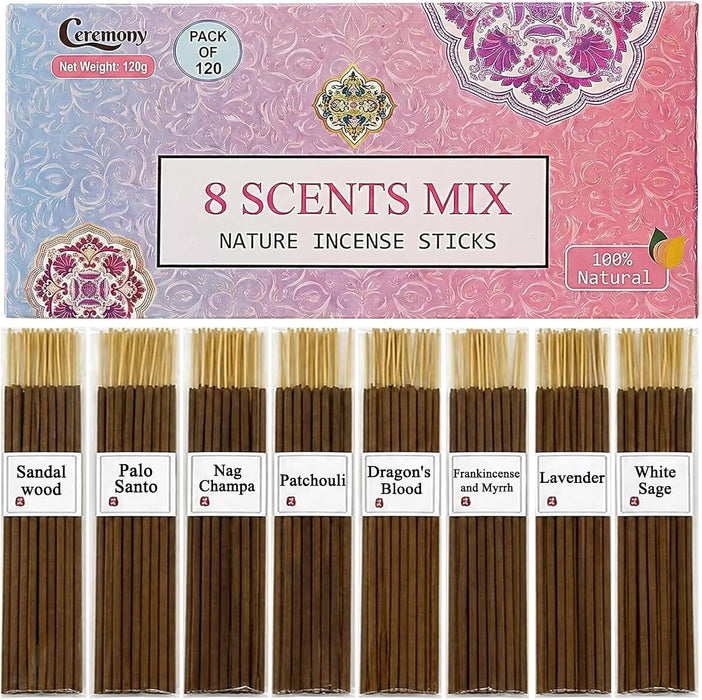 8 Scents Incense Sticks, 8 in 1 Mix Incense,120 Stick Incense for Mediation,100% Natural-Handmade for Yoga, Organic-Chem