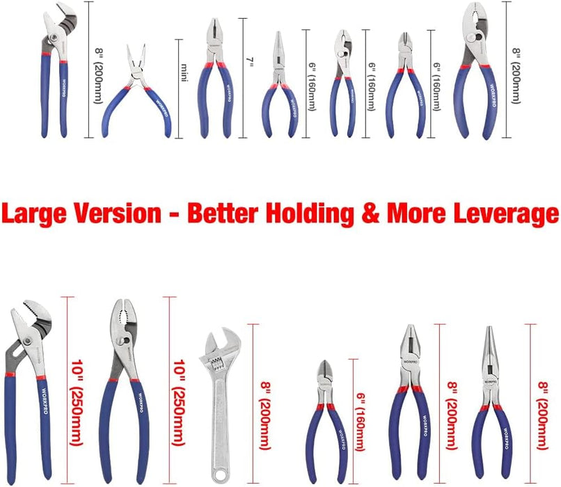 Large Pliers & Wrench Set 6-Piece (10" Water Pump, 10" Slip Joint, 8" Long Nose, 8" Linesman, 6" Diagonal, 8" Adjustable Wrench) for DIY & Home Use, W001329A