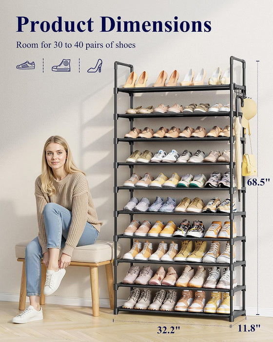10 Tier Shoe Rack, Tall Shoe Organizer, 32.2" Wide, Black