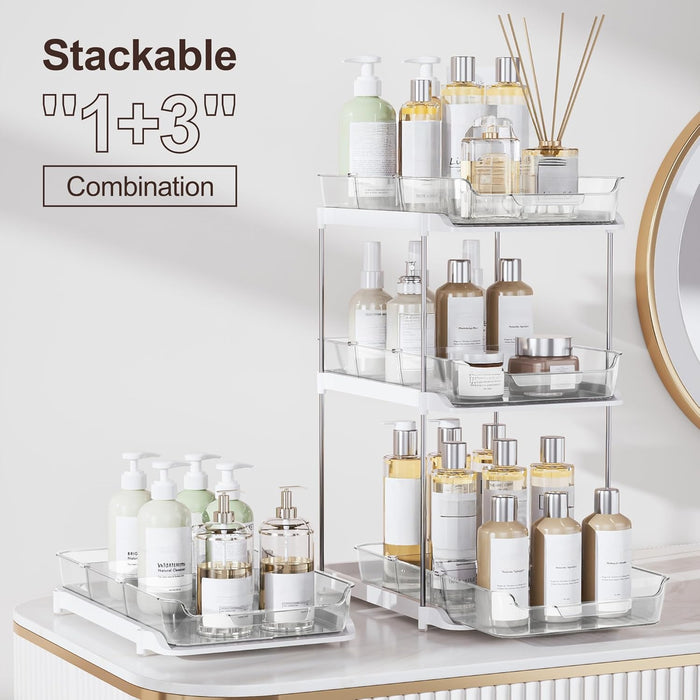 2-Tier Multi-Purpose Bathroom Under Sink Organizers and Storage, Stackable Kitchen Pantry Organization, Pull Out Medicine Cabinet Organizer with Movable Dividers, White, 2 Pack