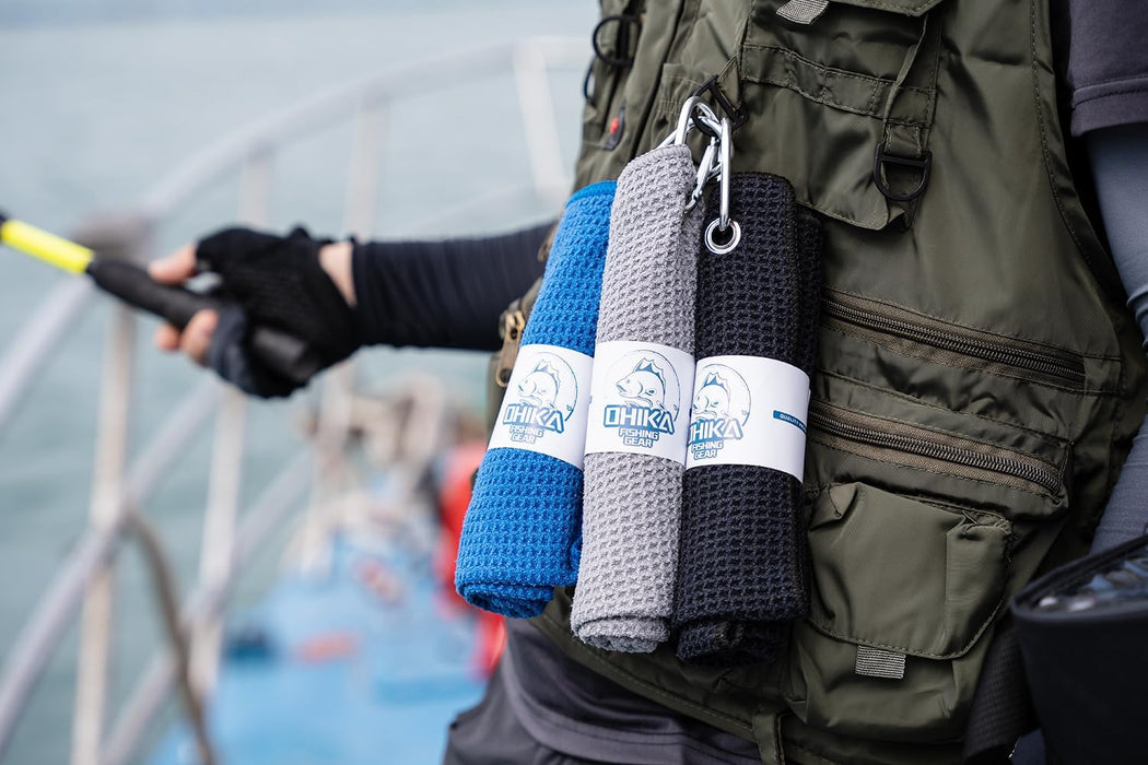 Microfiber Fishing Towels with Clip, Waffle Pattern for Effective Cleaning of Fishing Gears or Dirty Hands, 16” x 16”, Camping Towels, Hiking Towels, Pack of 3 (Black/Grey/Blue)