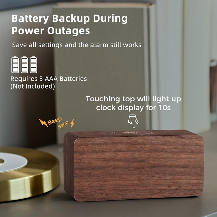 Wooden Digital Alarm Clocks for Bedrooms with 0-100% Dimmable Display