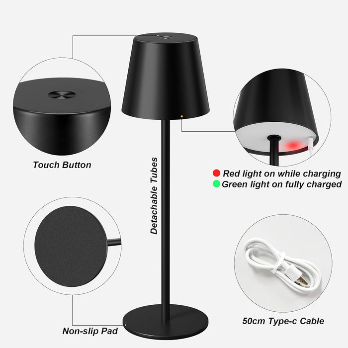 Rechargeable Table Lamp Sets, Cordless Battery Operated Lamps, Black