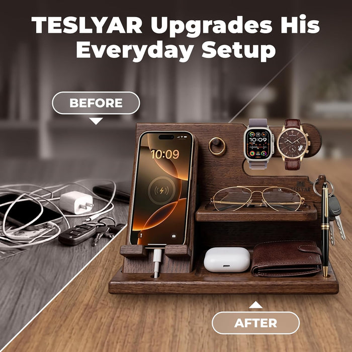 Wood Phone Docking Station for Men - Desk or Nightstand Organizer - Birthday Gifts for Husband, Dad - Anniversary Idea f