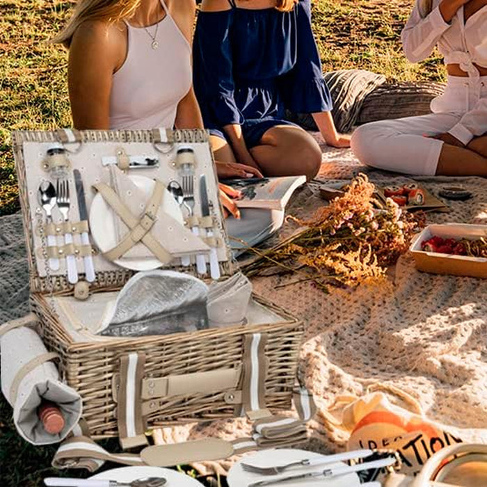 19Pcs Picnic Basket for 2 with Insulated Liner and Waterproof Picnic Blanket Wine Pouch, Large Wicker Picnic Hamper for Camping,Outdoor,Valentine Christmas for Couples