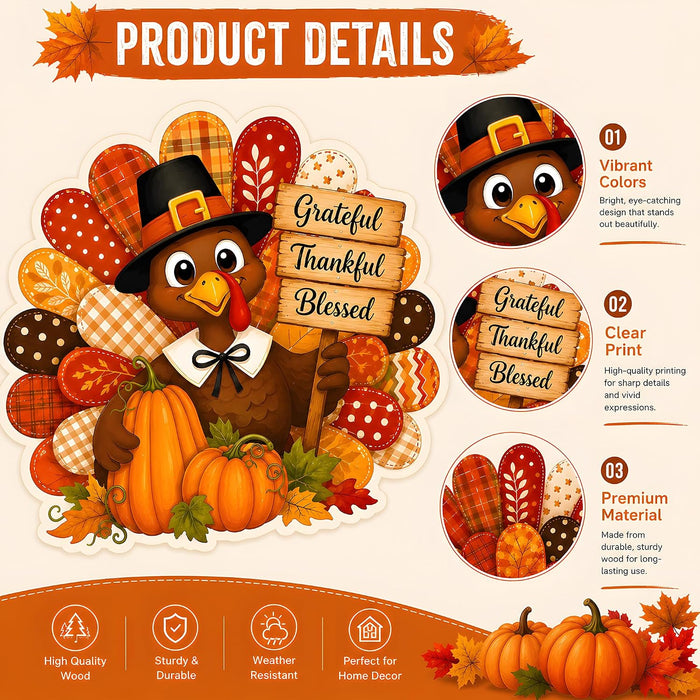 Thanksgiving Decorations - Turkey Pumpkin Wooden Sign for Front Door