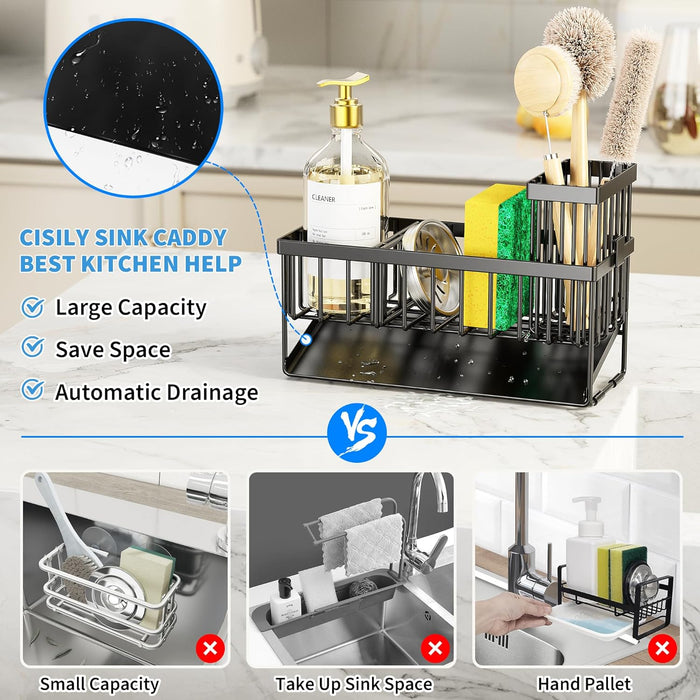 Sink Caddy Sponge Holder for Kitchen with Brush Holder and Stainless Steel Self Drain Tray, Rustproof Kitchen Sink Organ