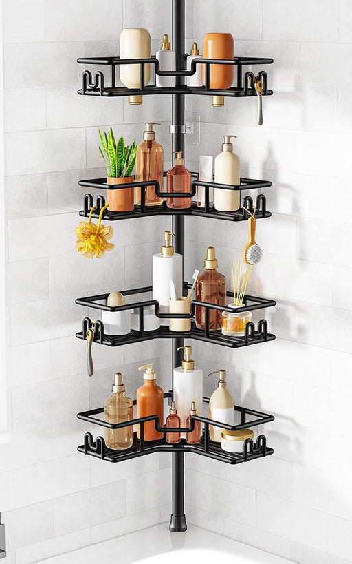 Shower Caddy Tension Pole: 4-Tier Adjustable Corner Organizer Black