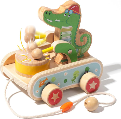Wooden Push Toys for Toddlers 1-3, Crocodile Beating Drum Walking Pull Toy
