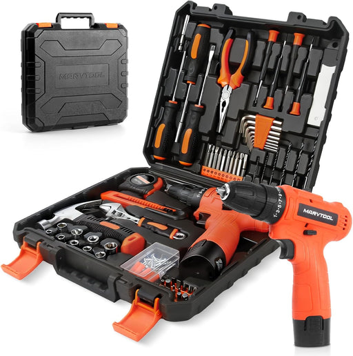 152 Piece Basic Tool Set, Portable Tool Box with 12V Cordless Drill, Home Repair Hand Tool Kit, General Household Drill 