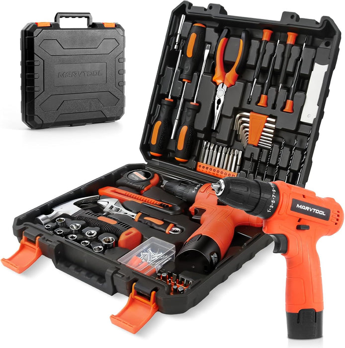 152 Piece Basic Tool Set, Portable Tool Box with 12V Cordless Drill, Home Repair Hand Tool Kit, General Household Drill 