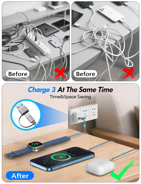 2Pack Travel Essentials for Apple Watch Charger,3-in-2 Multi Charging Cable