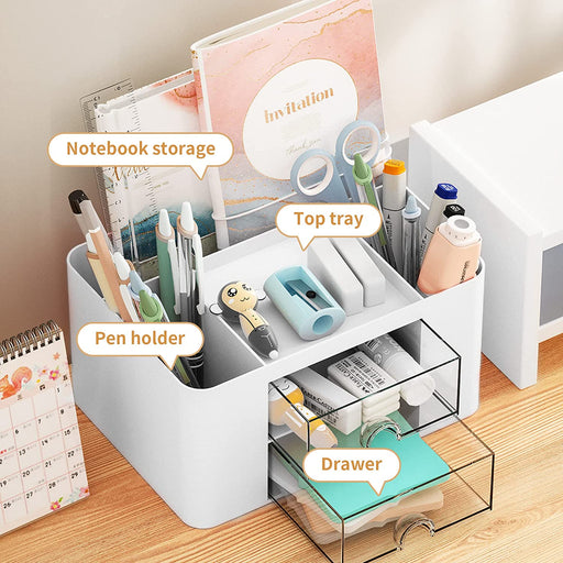 Pen Organizer with 2 Drawer, Multi-Functional Pencil Holder for Desk, Desk Organizers and Accessories with 5 Compartment
