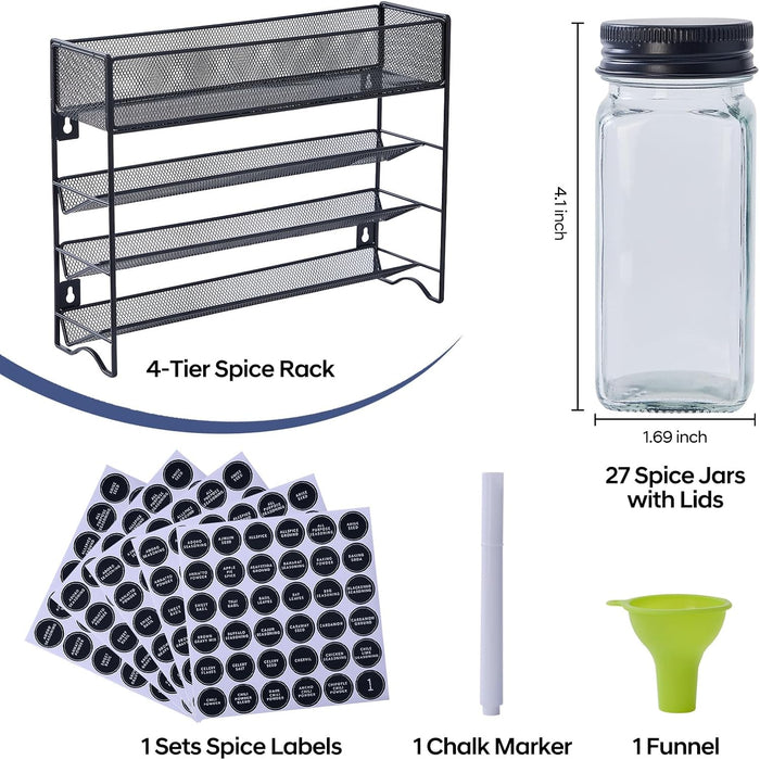 Spice Rack Organizer with 27 Spice Jars with Black Lids