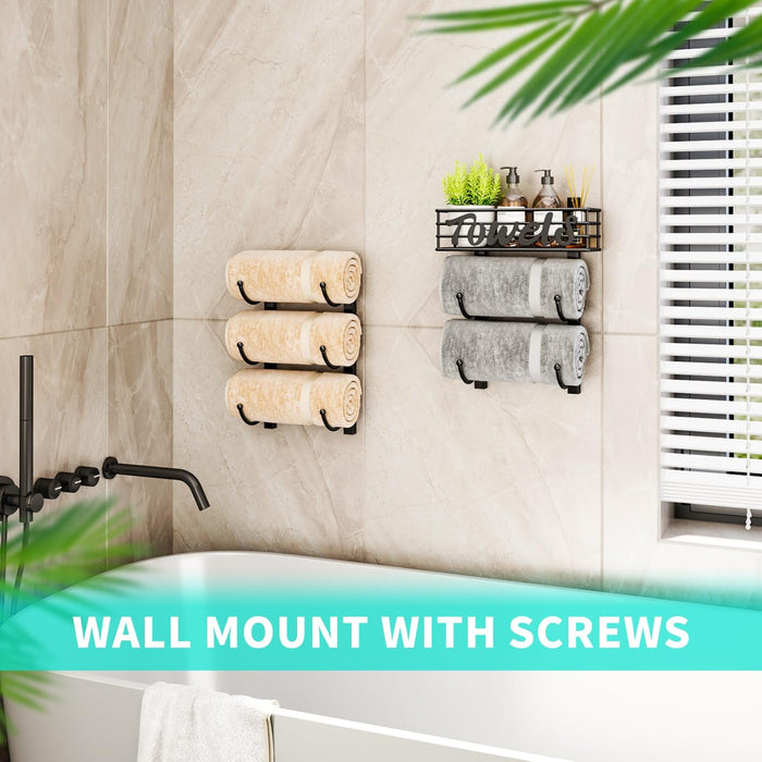Towel Racks for Bathroom Storage - 6 Tier Over The Door & Wall Mount Rolled Towel Storage Organizer Holder with Metal Shelf Basket for Small Bathroom, Camper, Rv - Black, Patented