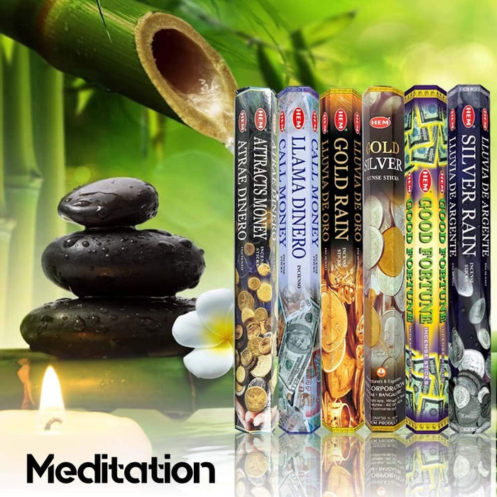 Assorted Incense Sticks – Attracts Money, Call Money, Gold Rain, Gold Silver, Good Fortune & Silver Rain – Pack of 6 – Premium Aromatherapy for Prosperity, Meditation & Home Fragrance.