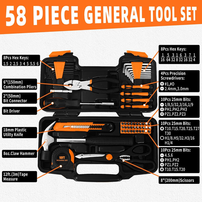 58-Piece Household Tool Set for home with Plastic Toolbox Orange