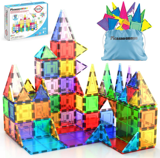 100 Piece Magnetic Tiles, Clear 3D Building Blocks for Kids 3+