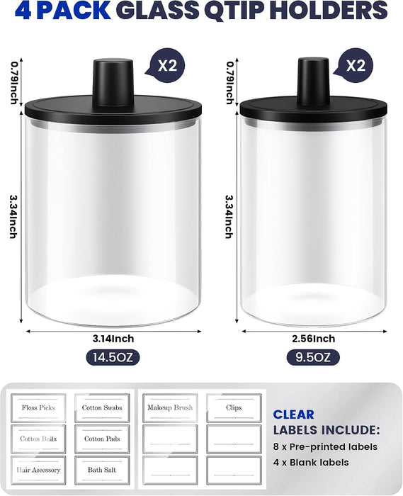 Glass Qtip Holder Dispenser - 4 Pack, Bathroom Decor and Organizer