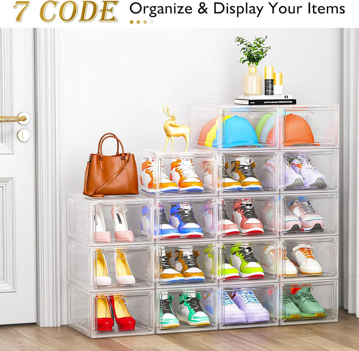 Large Thick Clear Shoe Organizer, Magnetic Door Stackable Shoe Storage Box
