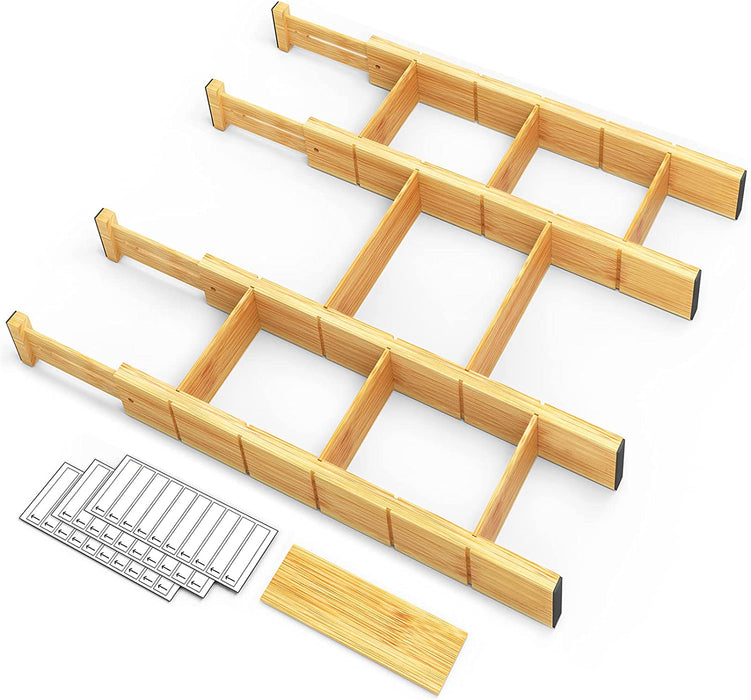 Bamboo Drawer Dividers with Inserts and Labels, Kitchen Adjustable Drawer Organizers, Expandable Organization for Home, 
