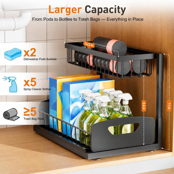 Under Kitchen Sink Organizer, Metal Pull Out Bathroom Organizers and Storage, 2-Tier Cabinet Organizer Shelf with Slidin