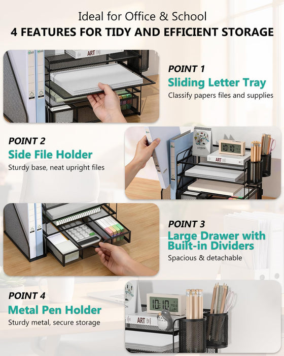 Desk File Organizer, 4 Tier Desktop Paper Letter Tray Organizer with Drawer and 2 Pen Holders, Office Desk Accessories &