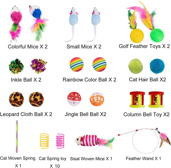 32Pcs Cat Toys Kitten Interactive Pet Toys Assortments, Foldable Rainbow Tunnel, Teaser Wand Fluffy Mouse Crinkle Balls Bell Play for Puppy Kitty (3 way)