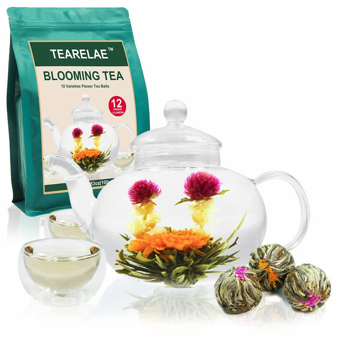 Blooming Tea Flowers - 12pcs Individually Sealed Flowering Balls - Hand-Tied Natural Green Tea Leaves & Edible Flowers -