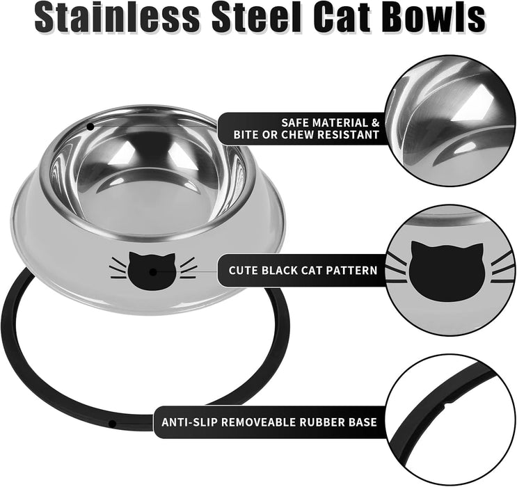 2 Pcs Non-Slip Stainless Steel Small Cat Food Bowls - Unbreakable, Thicken 7 Oz Cat Dishes - Indoor, Removable Rubber Ba