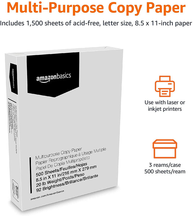 Multipurpose Copy Printer Paper, 20 lb, 8.5 x 11 Inches, 3 Reams (1,500 Sheets), 92 Bright White for Home Use
