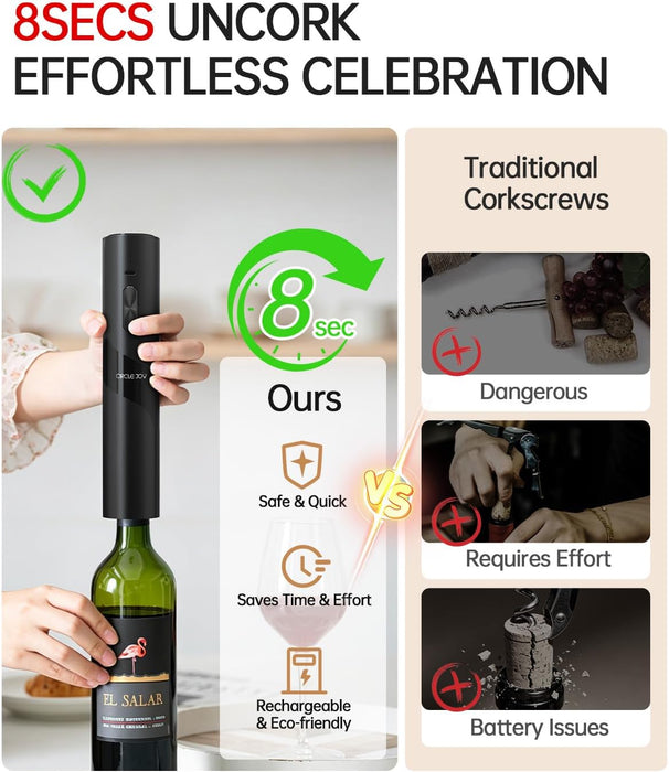 Electric Wine Opener Rechargeable, 7-in-1 Automatic Wine Bottle Opener Gift Set with Electric Vacuum Pump, Foil Cutter, Aerator Pourer, 2 Stoppers & Charging Base, Black