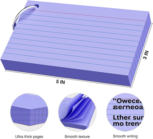 250 Count Colored Index Cards 3x5 Inch with Key Ring, 180gsm Heavy Weight Flash Cards 5 Color (50 Sheets Each) Portable 