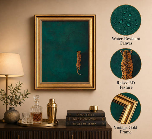 Gold Framed 3D Textured Wall Art, Vintage Green Cheetah Canvas Prints, Minimalist Emerald Green Leopard Pictures Decor, 