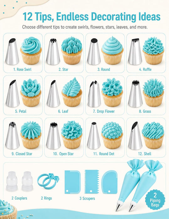 Reusable Piping Bags and Tips Set, 21-Piece Cake and Cupcake Decorating Kit