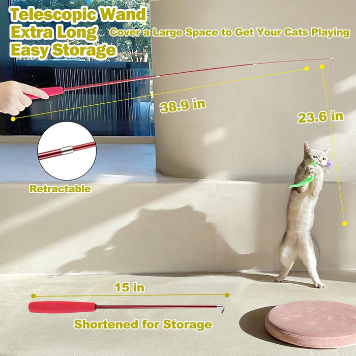 Cat Toys for Indoor Cats, Interactive Cat Toy 2PCS Retractable Wand Toy and 9PCS Cat Feather Toys Refills, Funny Kitten 
