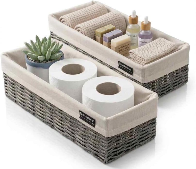 Over the Toilet Tank Wicker Storage Basket, Bathroom and Closet Organizers and Storage Bins with Fabric Liner, Grey, 2 P