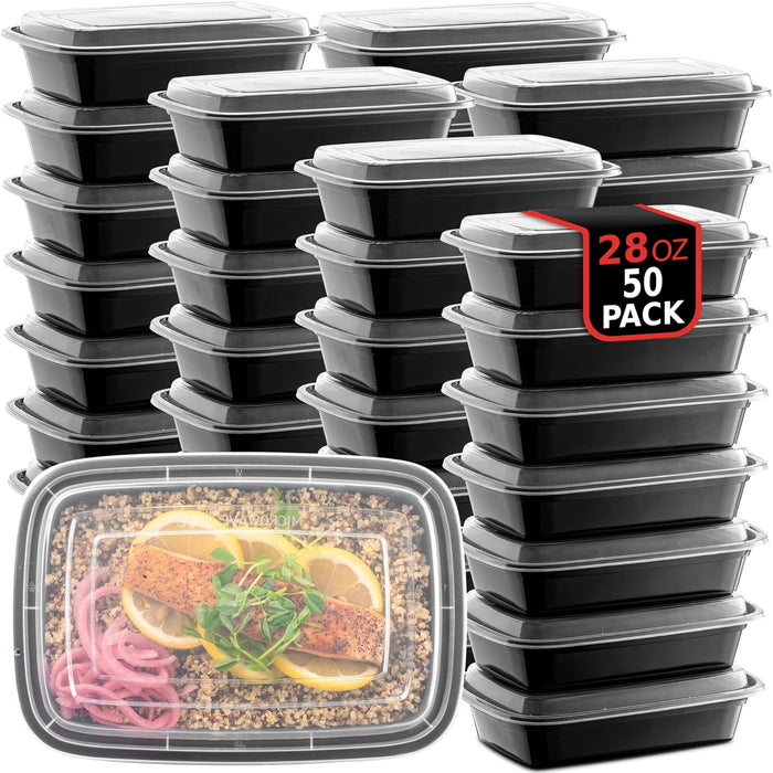 50-Pack Reusable Meal Prep Containers Microwave Safe Food Storage Containers with Lids, 28 oz - 1 Compartment Take Out D