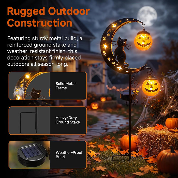 Solar Halloween Pumpkin Light, Black Cat Moon Garden Stake Light with 2 Pumpkin Lanterns, Waterproof Metal Solar Pathway