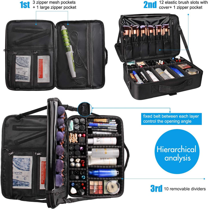 Makeup Case Large Makeup Bag Professional Train Case 16.5 inches Travel Cosmetic Organizer Brush Holder Waterproof Makeup Artist Storage Box, 3 Layer Large Capacity, with Adjustable Strap