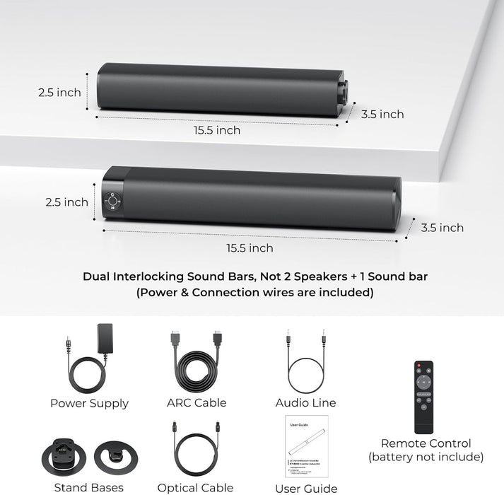Sound Bar for Smart TV, Soundbar with Bluetooth/ARC/Opt/AUX Connect, Auto Volume Boost, 3 Equalizer Modes, 2 in 1 Detachable Soundbar for TV/PC/Gaming/Projectors