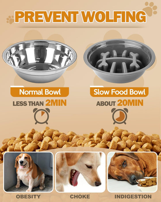 Elevated Dog Bowls for Medium Large Size Dogs, Non-Slip Dog Feeder with 1*Stainless Steel Dishes & 1*Slow Feeder Bowl, 5