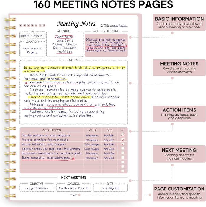 Meeting Notebook for Work, Meeting Planner, 6.9" X 9.9", 160 Pages