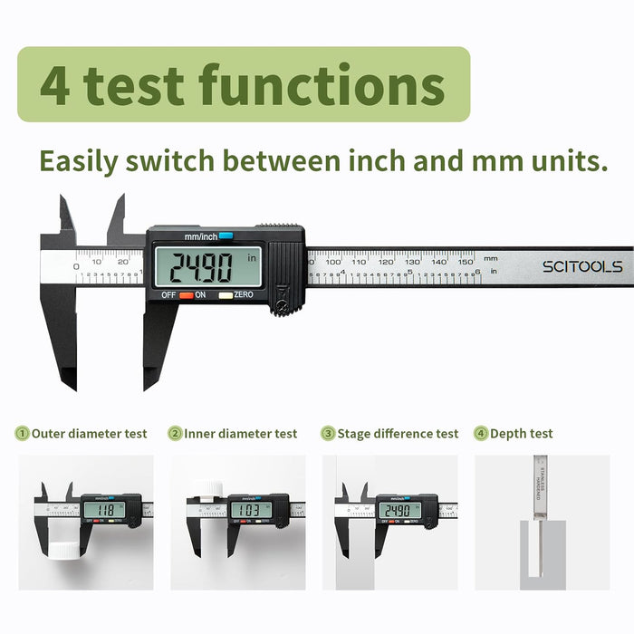 Digital Caliper 0-6" Measuring Tool, Micrometer Caliper with Auto-Off Feature, Interchangeable Between inches and millimeters for Jewelry Measurement and 3D Printing