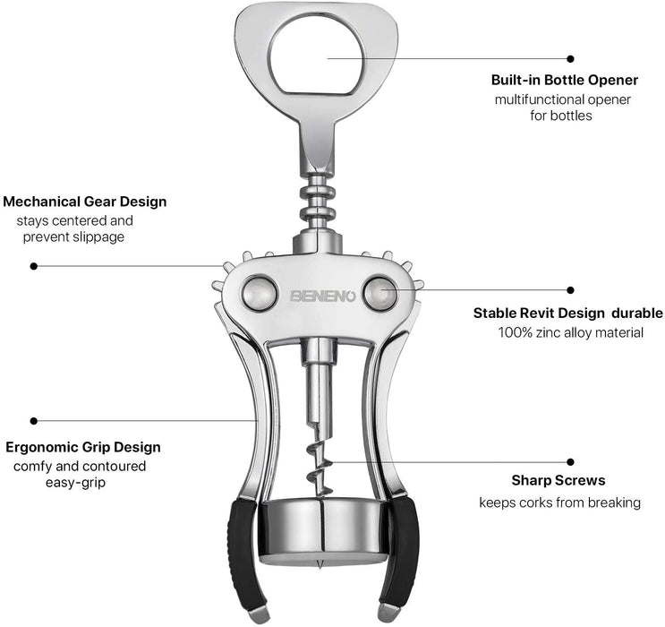 Wine Opener, Premium Wing Corkscrew Wine Bottle Opener, Silver