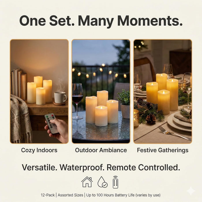 Waterproof Flameless Candles, 12 PC Battery Operated LED Pillar Candles with 2 Remote Controls & Timer, Flickering Indoo